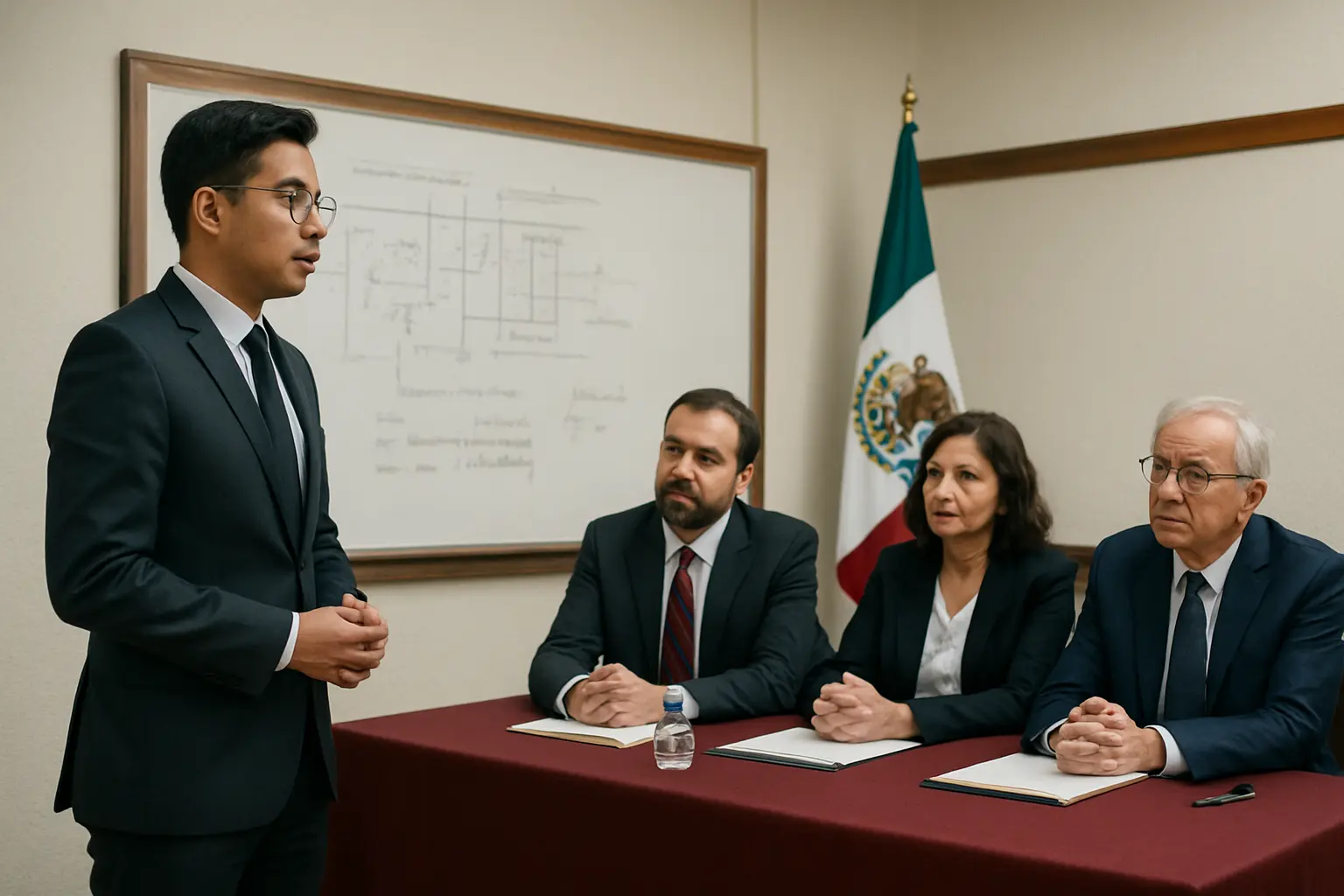 Estudiante politécnico presentando su examen de titulación ante un panel de sinodales