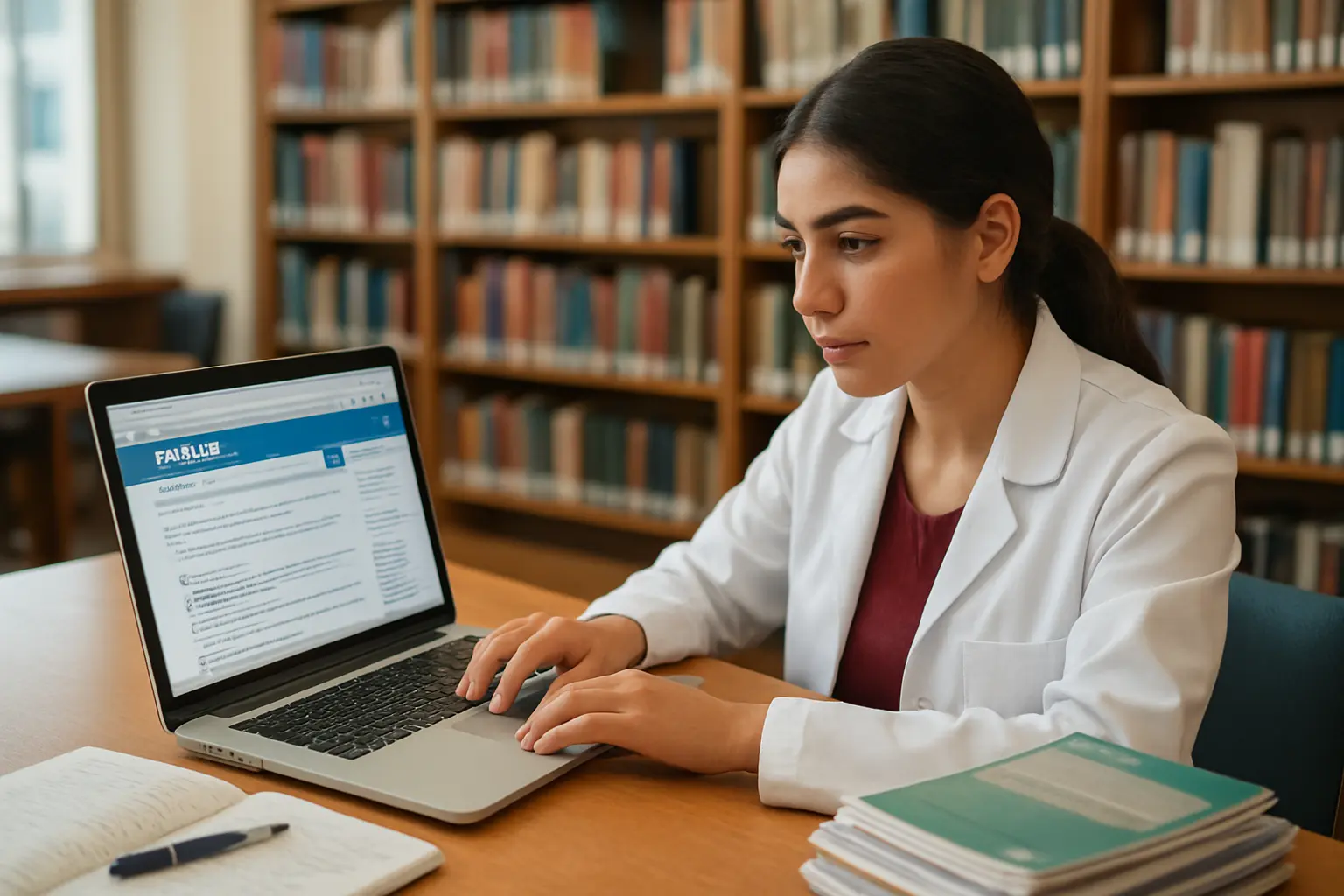 Estudiante de medicina revisando literatura científica en PubMed durante la investigación de su tesis