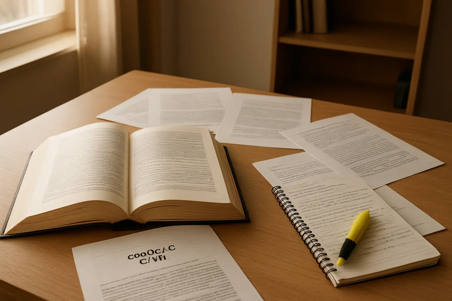 Estudiante de Derecho analizando un código legal y jurisprudencia impresa en su escritorio