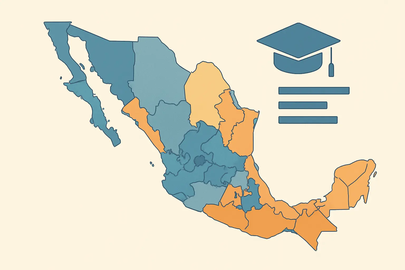 Mapa estilizado de México con gradiente representando diferencias educativas regionales