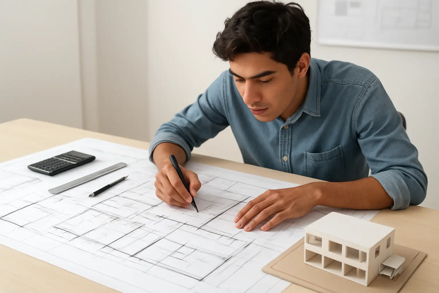 Estudiante de arquitectura trabajando con planos originales y maqueta física en su escritorio