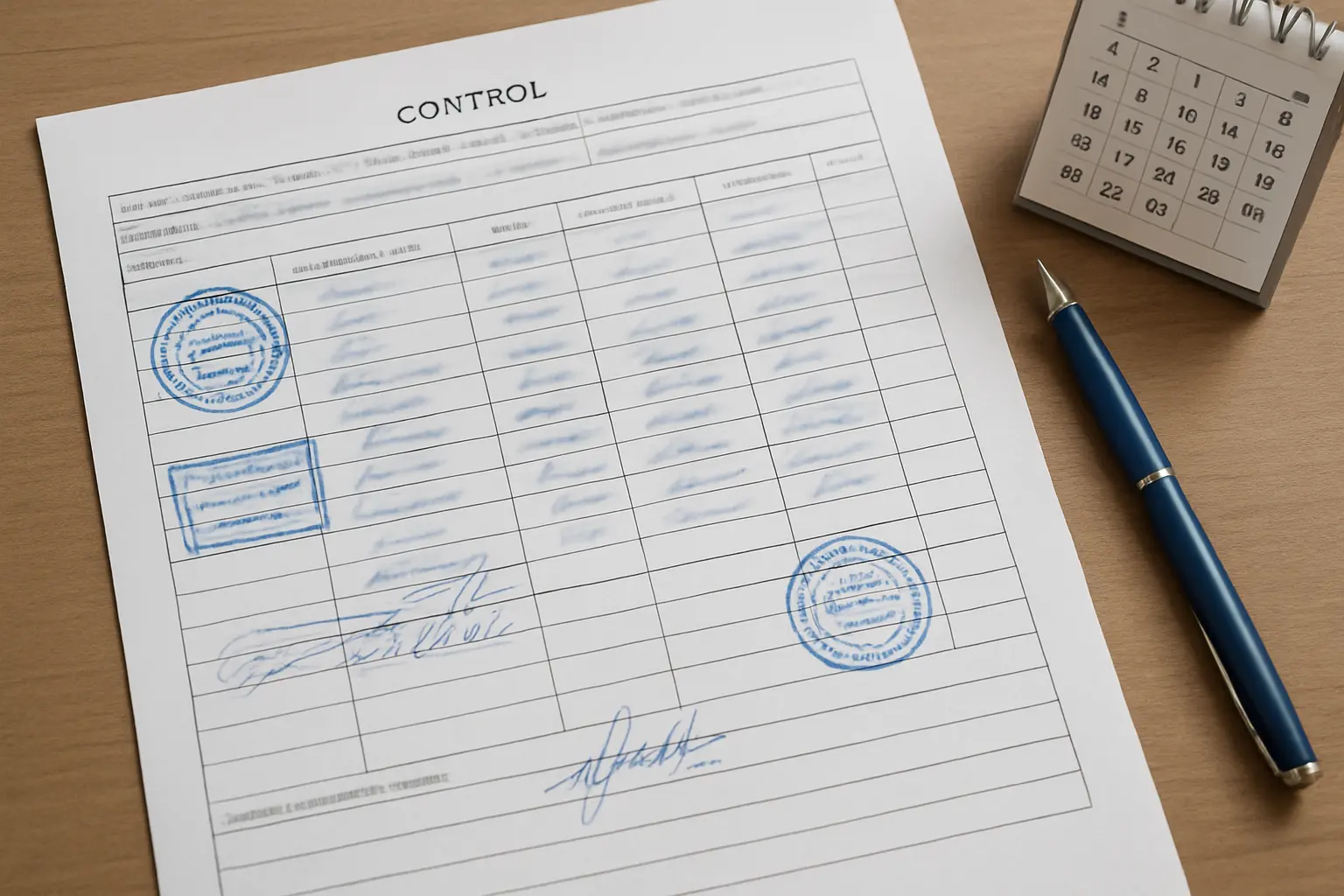 Formato impreso de control de horas de servicio social con sellos y firmas sobre un escritorio