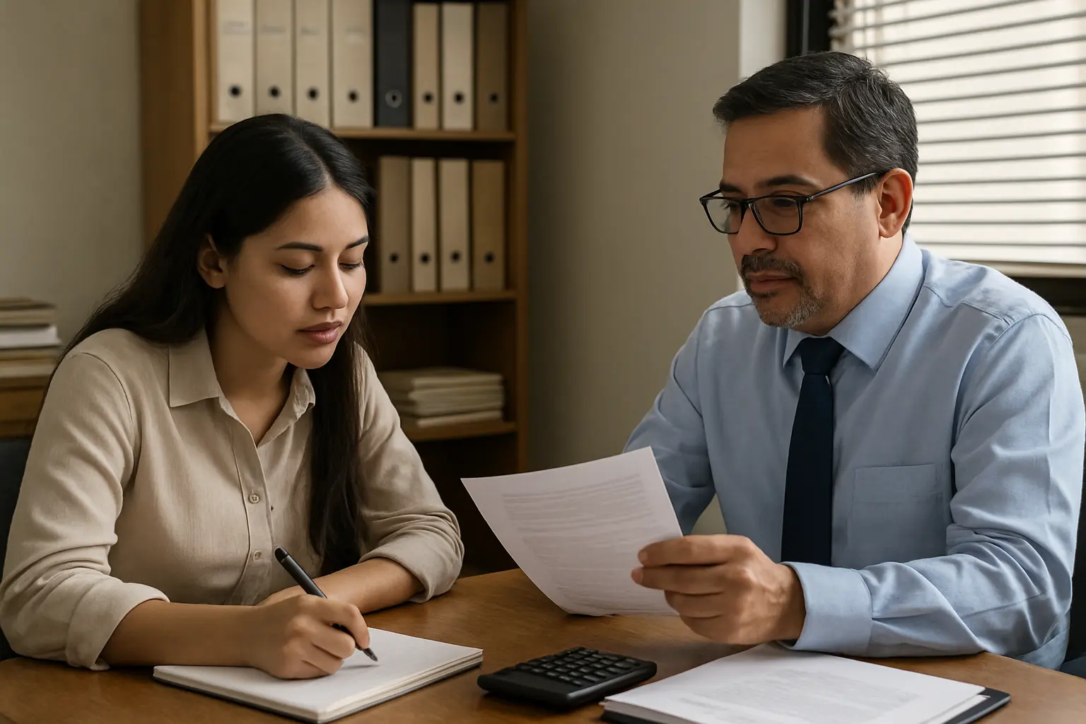 Estudiante de Contaduría entrevistando al contador de una pequeña empresa para el caso práctico de su tesis