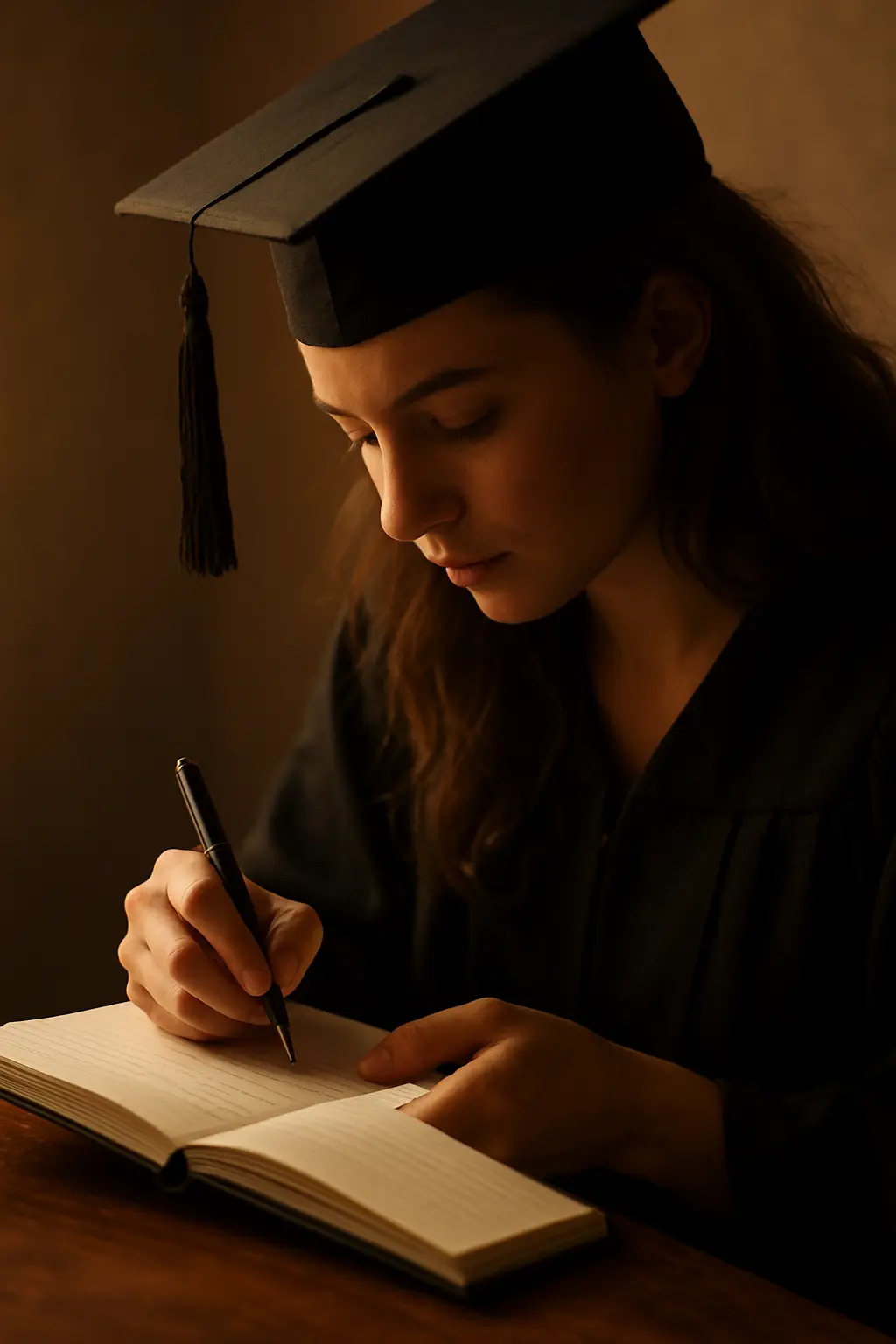 Estudiante escribiendo a mano la dedicatoria personal de su tesis
