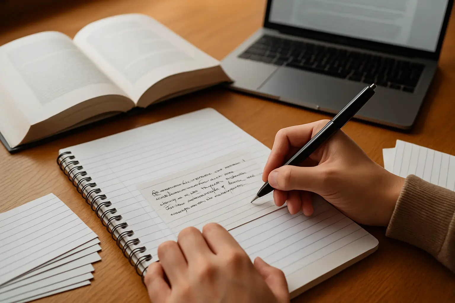 Estudiante escribiendo una ficha de referencia bibliográfica para citar correctamente una tesis consultada