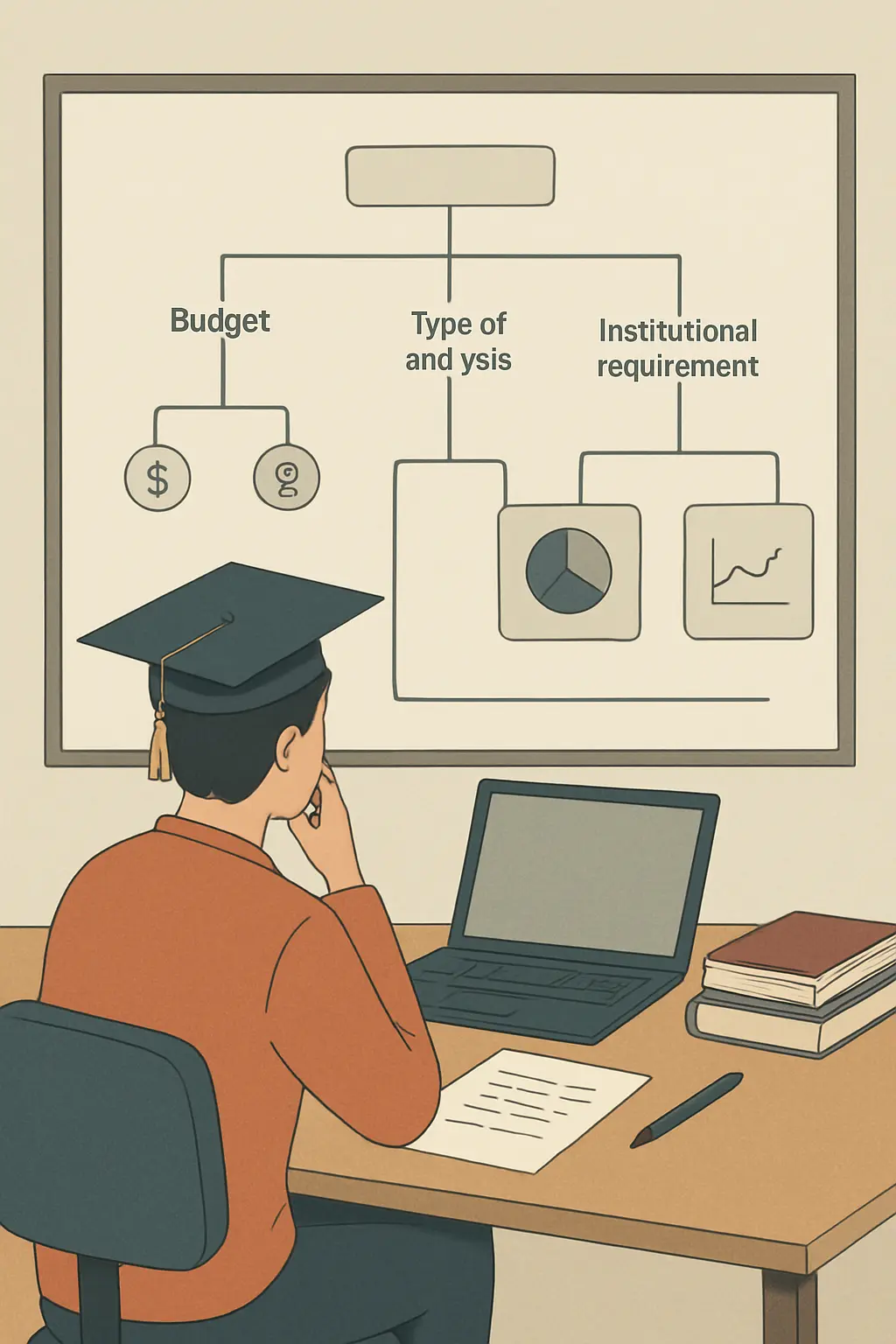 Estudiante decidiendo entre SPSS, jamovi y R según su presupuesto y tipo de análisis