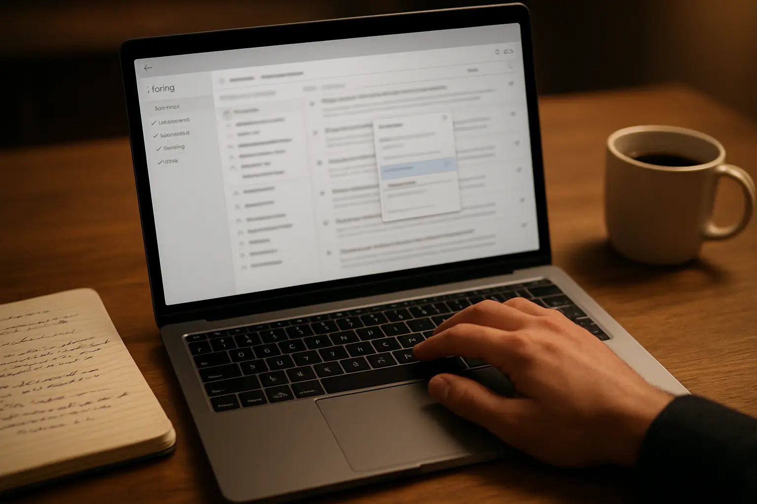 Pantalla de laptop con un gestor de referencias bibliográficas abierto junto a un cuaderno de notas