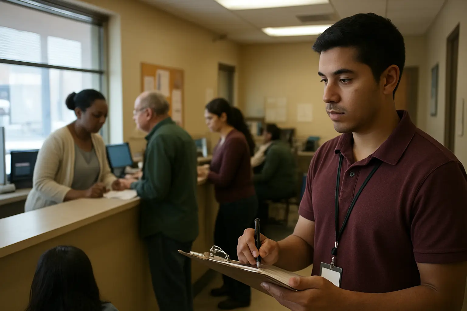 Prestador de servicio social observando y tomando notas del proceso de trabajo en la institución receptora