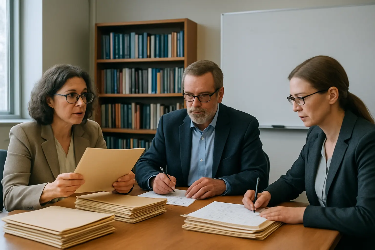 Comité académico revisando expedientes de aspirantes durante un proceso de admisión a maestría