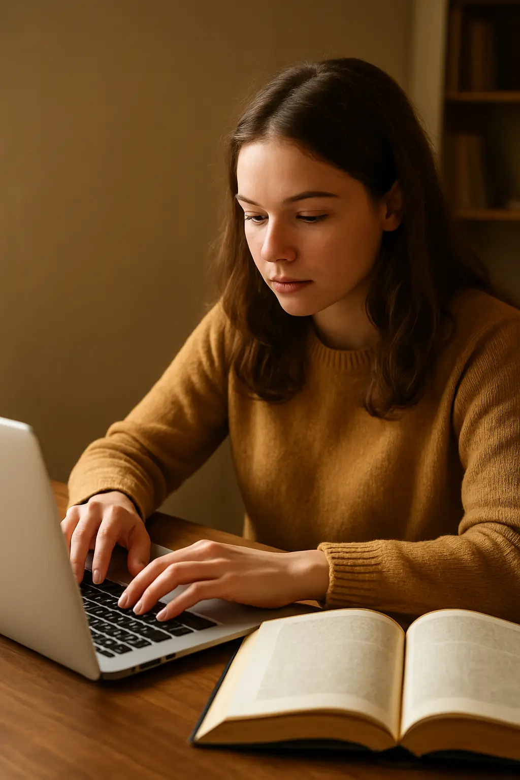 Estudiante insertando una cita entre paréntesis mientras parafrasea una fuente