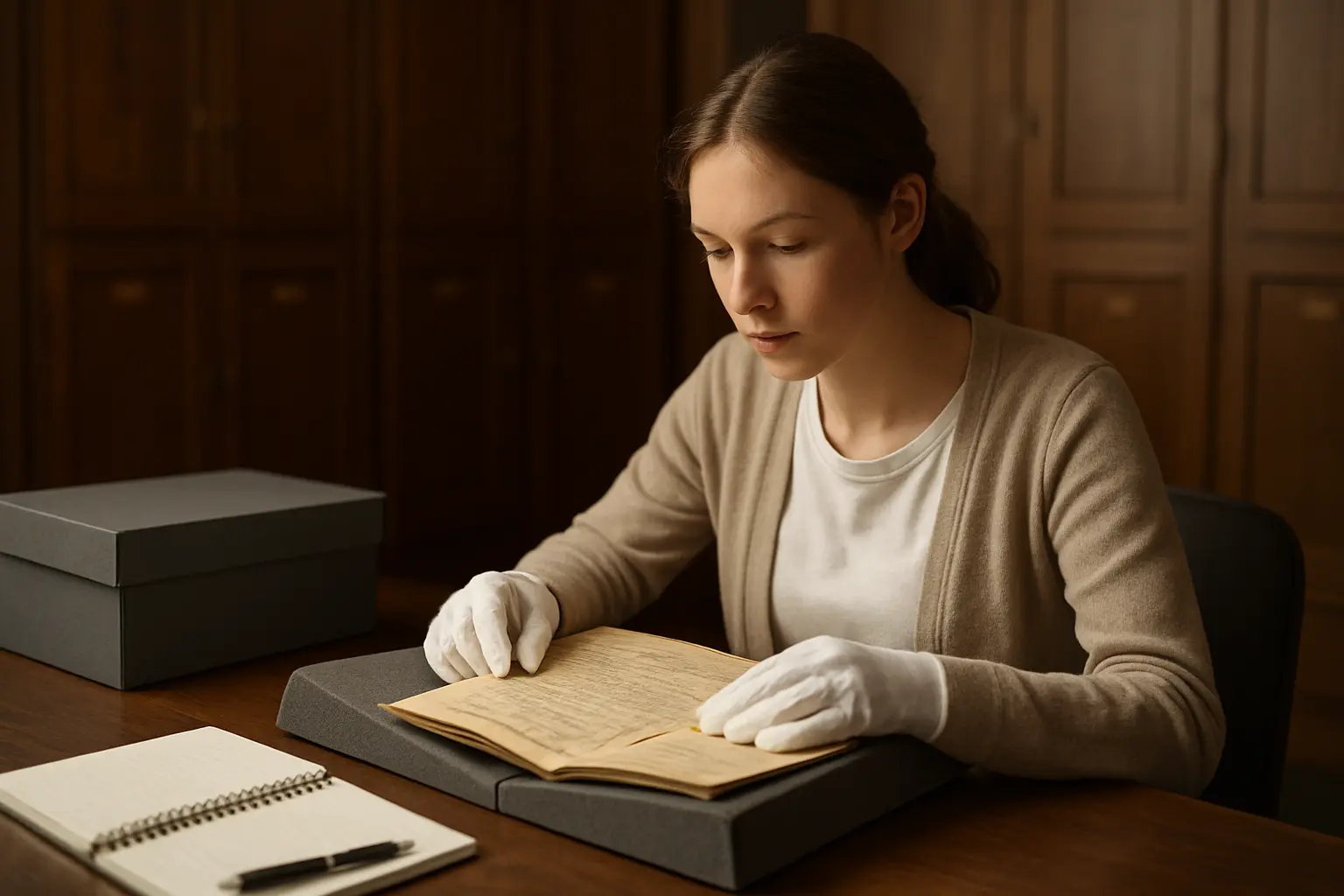 Investigadora consultando documentos de archivo histórico con guantes en una sala de consulta