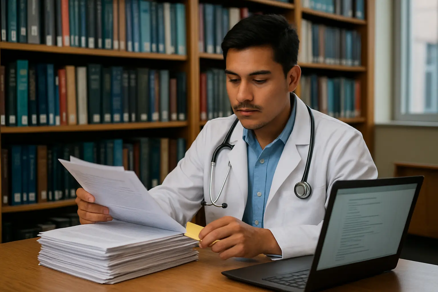 Estudiante de Medicina revisando la lista de referencias de su tesis en una laptop junto a artículos impresos