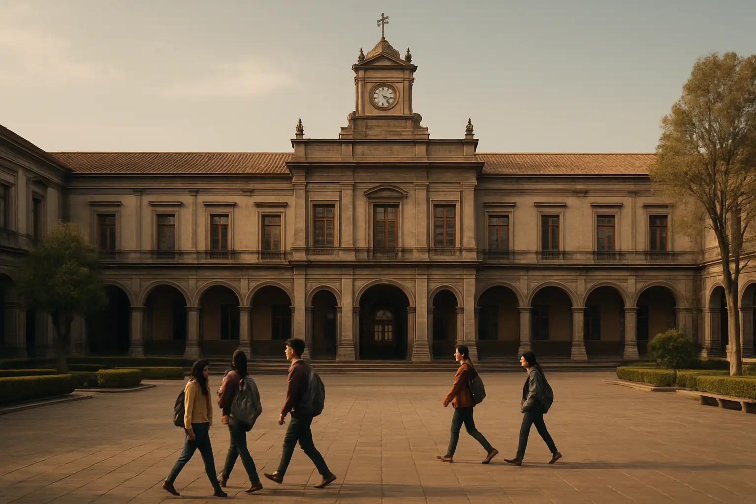Campus universitario en Puebla con estudiantes en el patio central