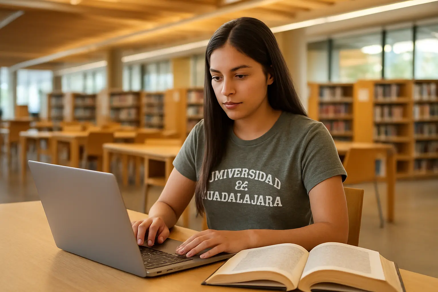 Estudiante universitario en la biblioteca escribiendo su tesis con ayuda de una app