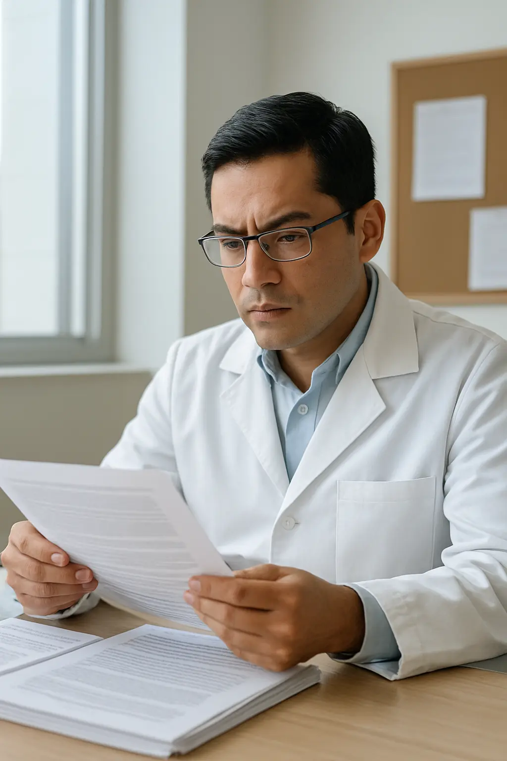 Investigador en bata revisando documentos de ética e integridad en la investigación médica