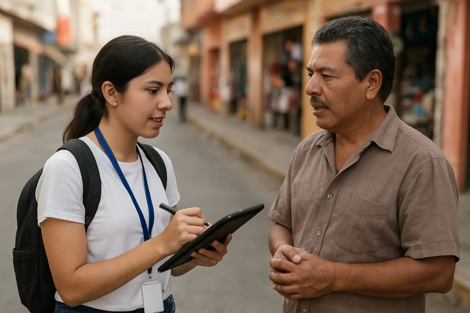 Estudiante aplicando un cuestionario en tableta a una persona en la calle como trabajo de campo de investigación de mercado