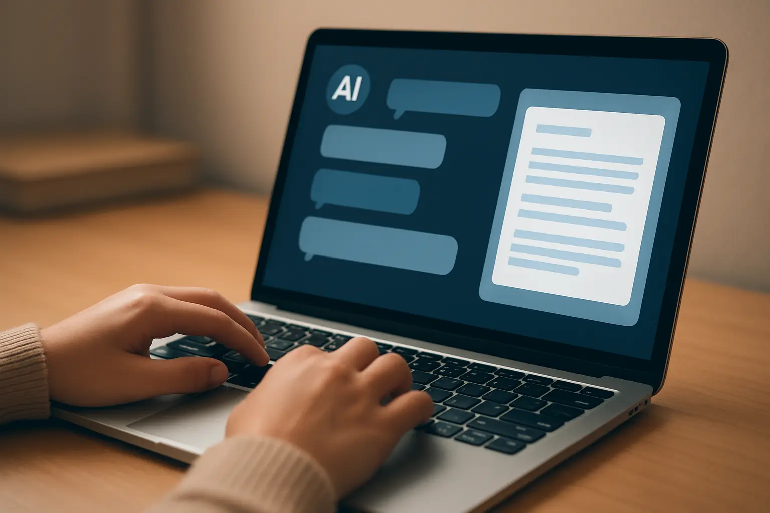 Interfaz abstracta de un asistente de escritura con IA en una laptop