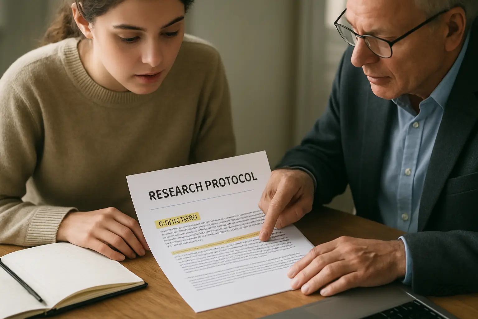 Asesor y estudiante revisando juntos los objetivos de investigación del protocolo de tesis