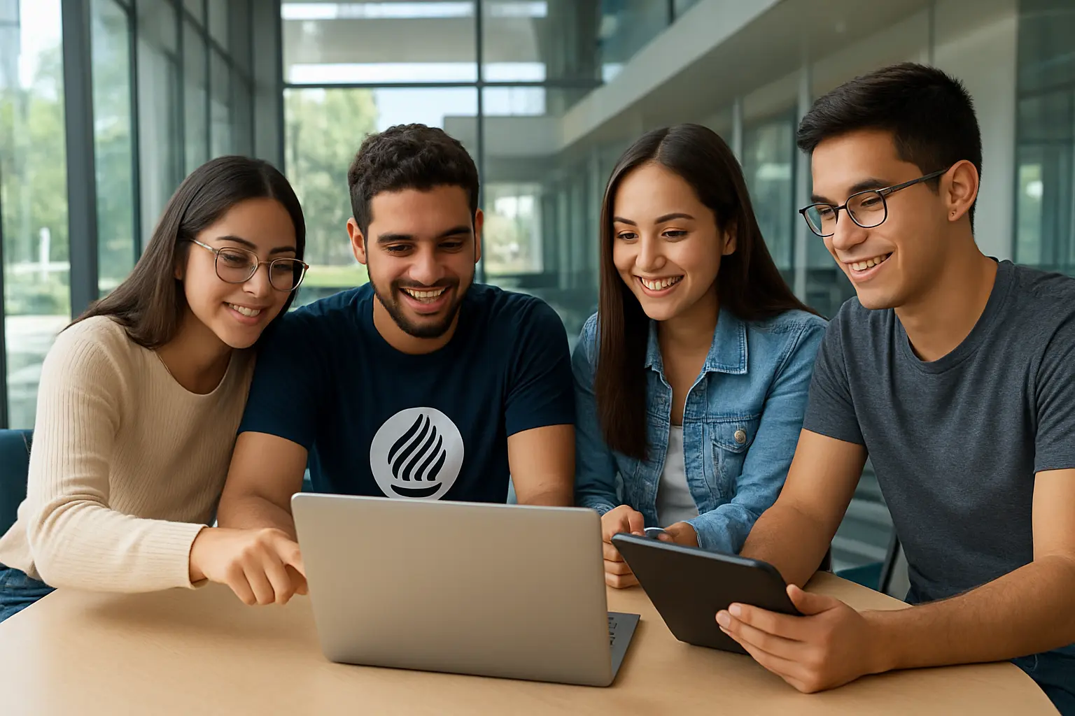 Estudiantes del Tec de Monterrey colaborando con herramientas digitales en el campus