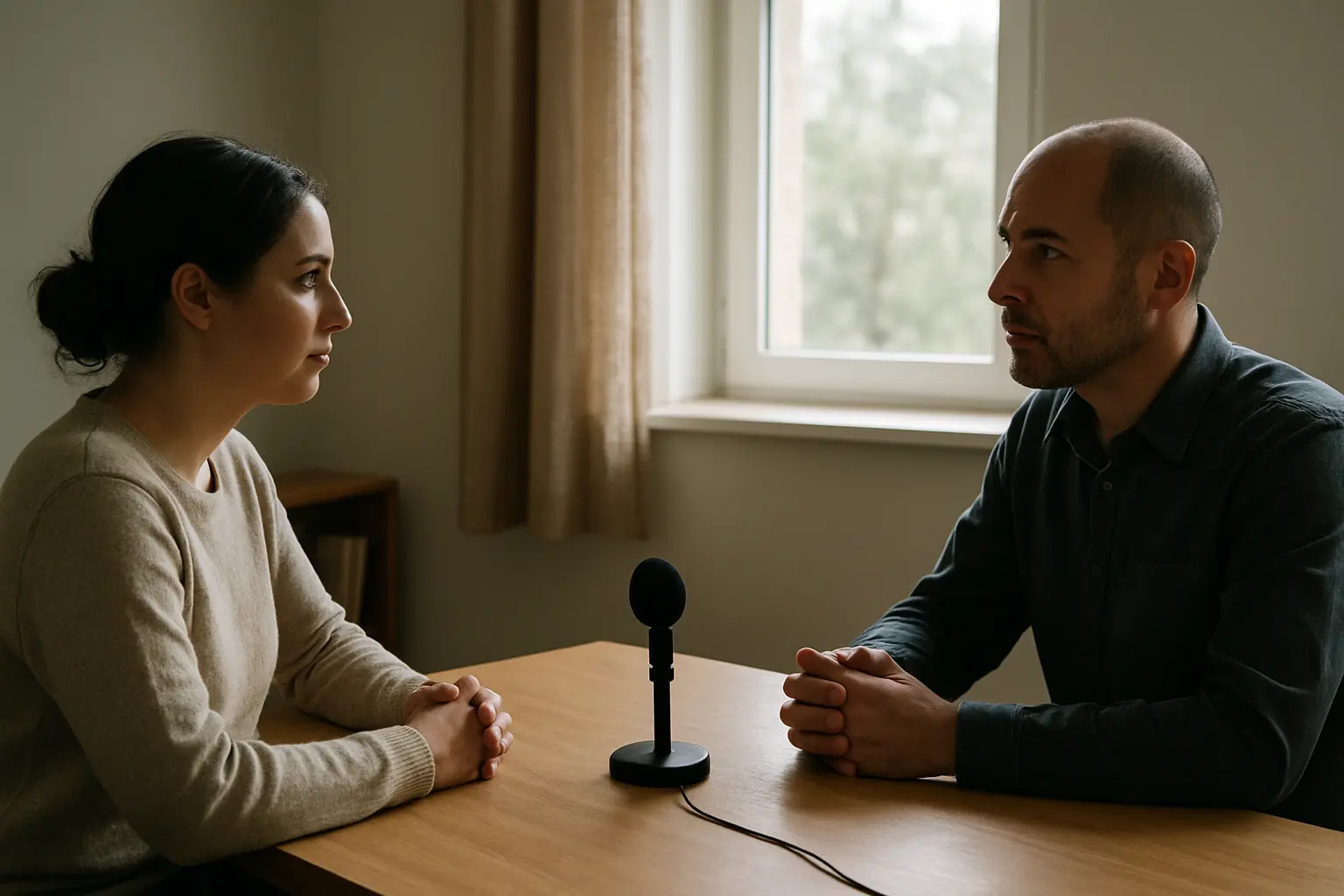 Entrevista de investigación grabada con micrófono sobre la mesa