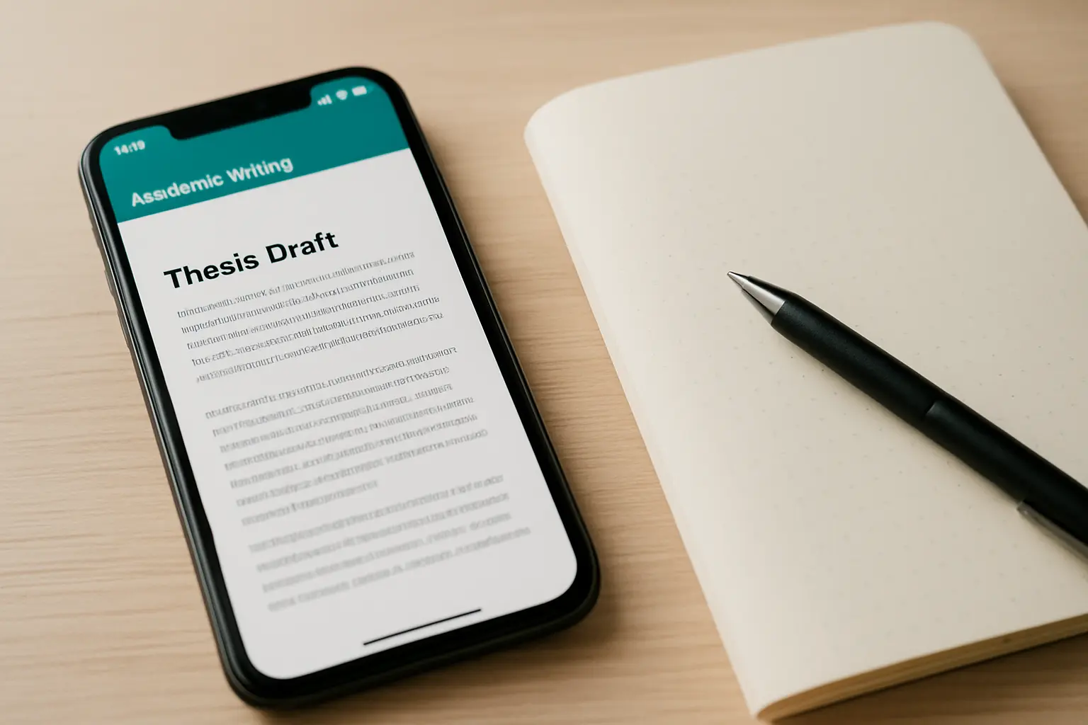 Celular mostrando una app gratuita de escritura académica con un borrador de tesis