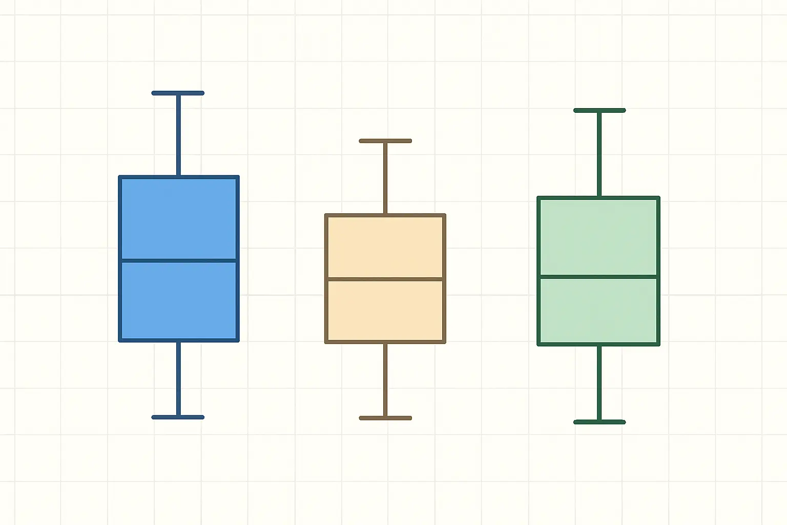 Tres cajas de distinta altura alineadas sobre una cuadrícula, que representan tres grupos