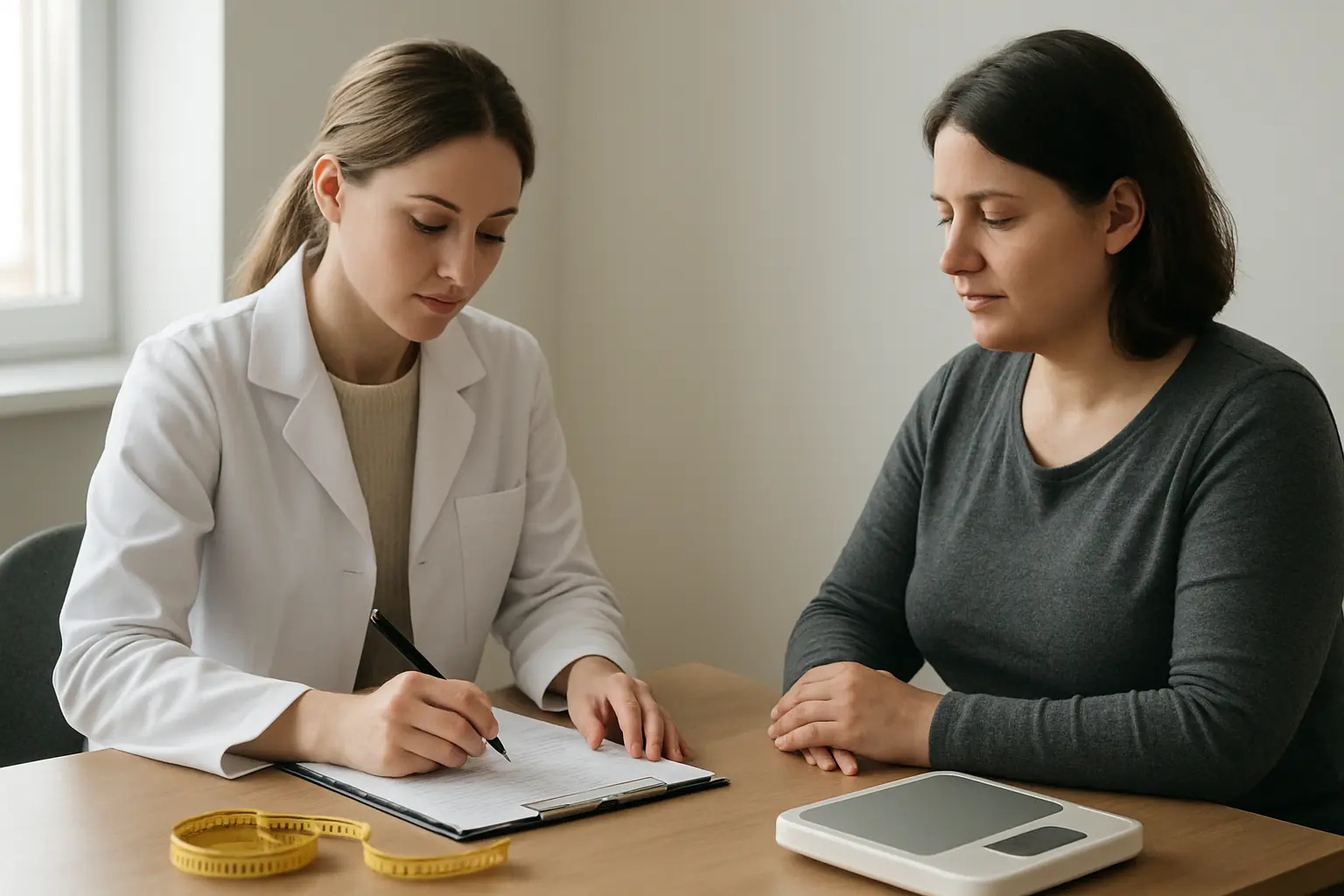 Estudiante de Nutrición registrando información dietética de un participante junto a una cinta métrica y una báscula
