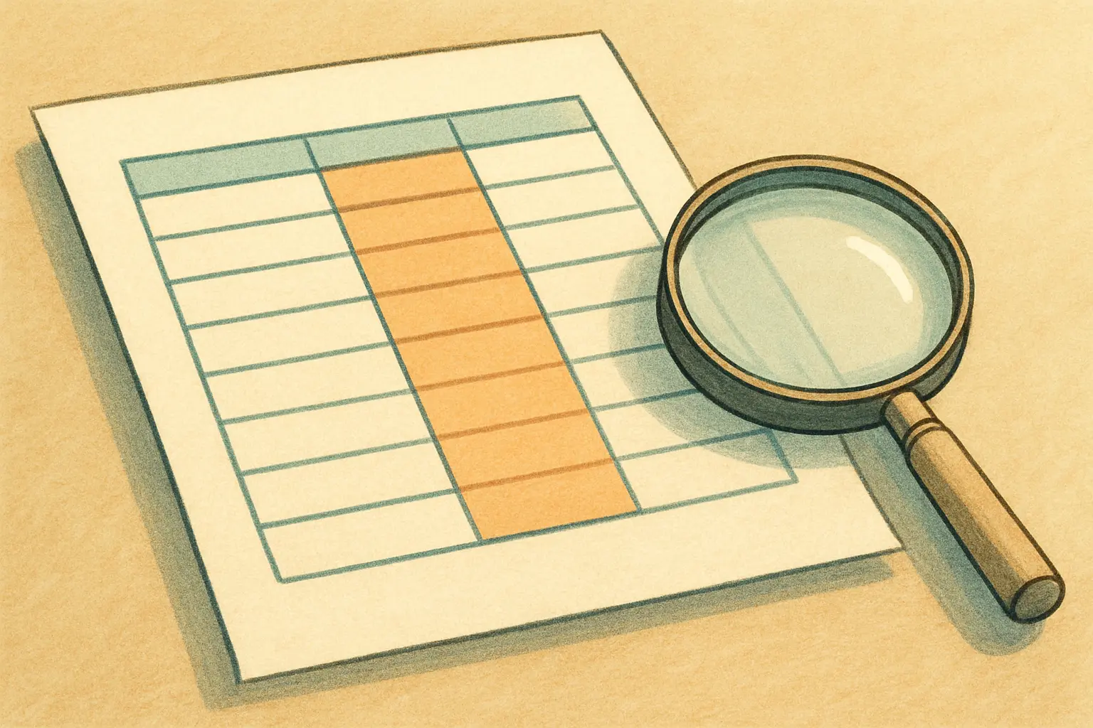 Tabla de datos impresa con una columna destacada y una lupa al lado