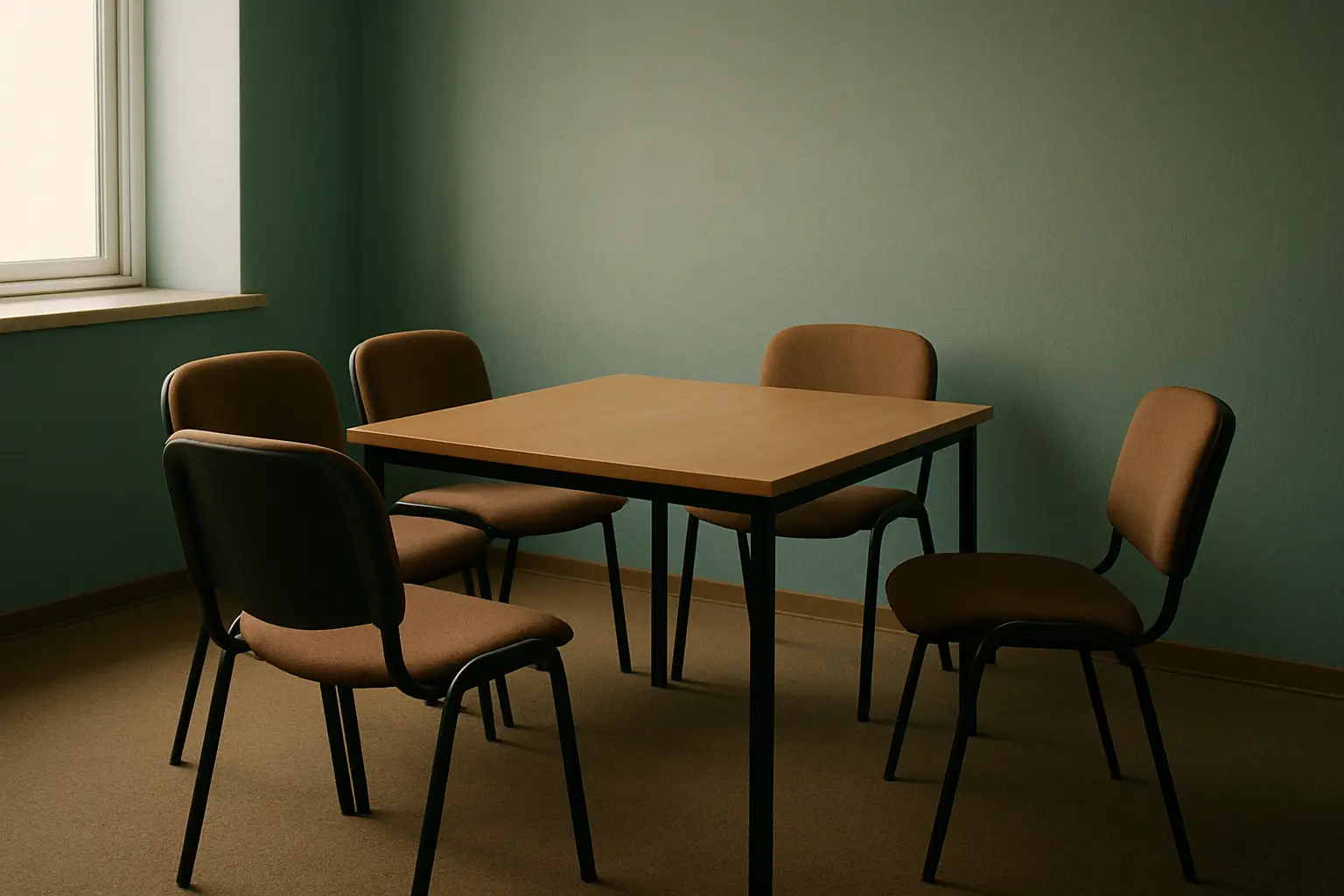 Cuatro sillas alrededor de una mesa de seminario en un aula universitaria, una ligeramente apartada