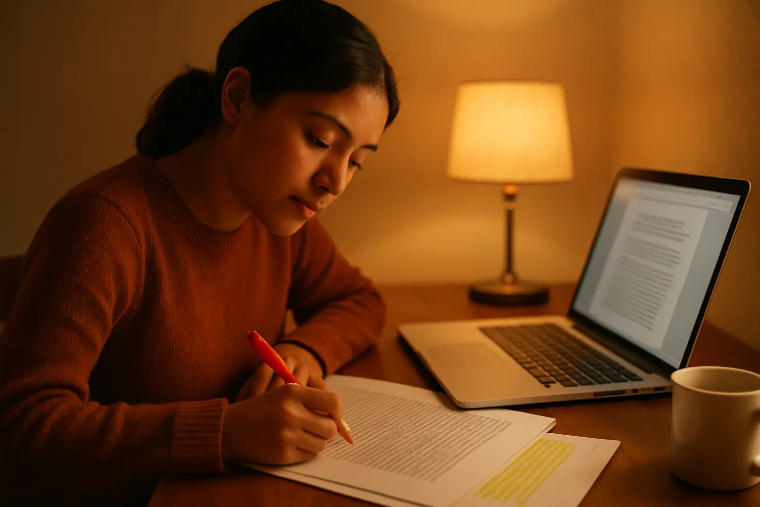 Estudiante mexicana corrigiendo con pluma roja el capítulo de conclusiones impreso