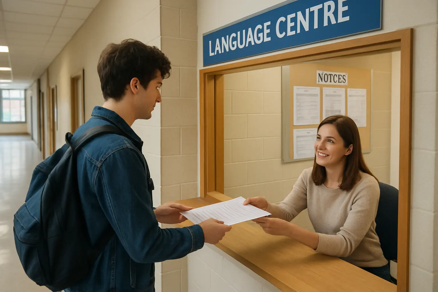 Estudiante entregando documentos en la ventanilla del centro de idiomas de su universidad