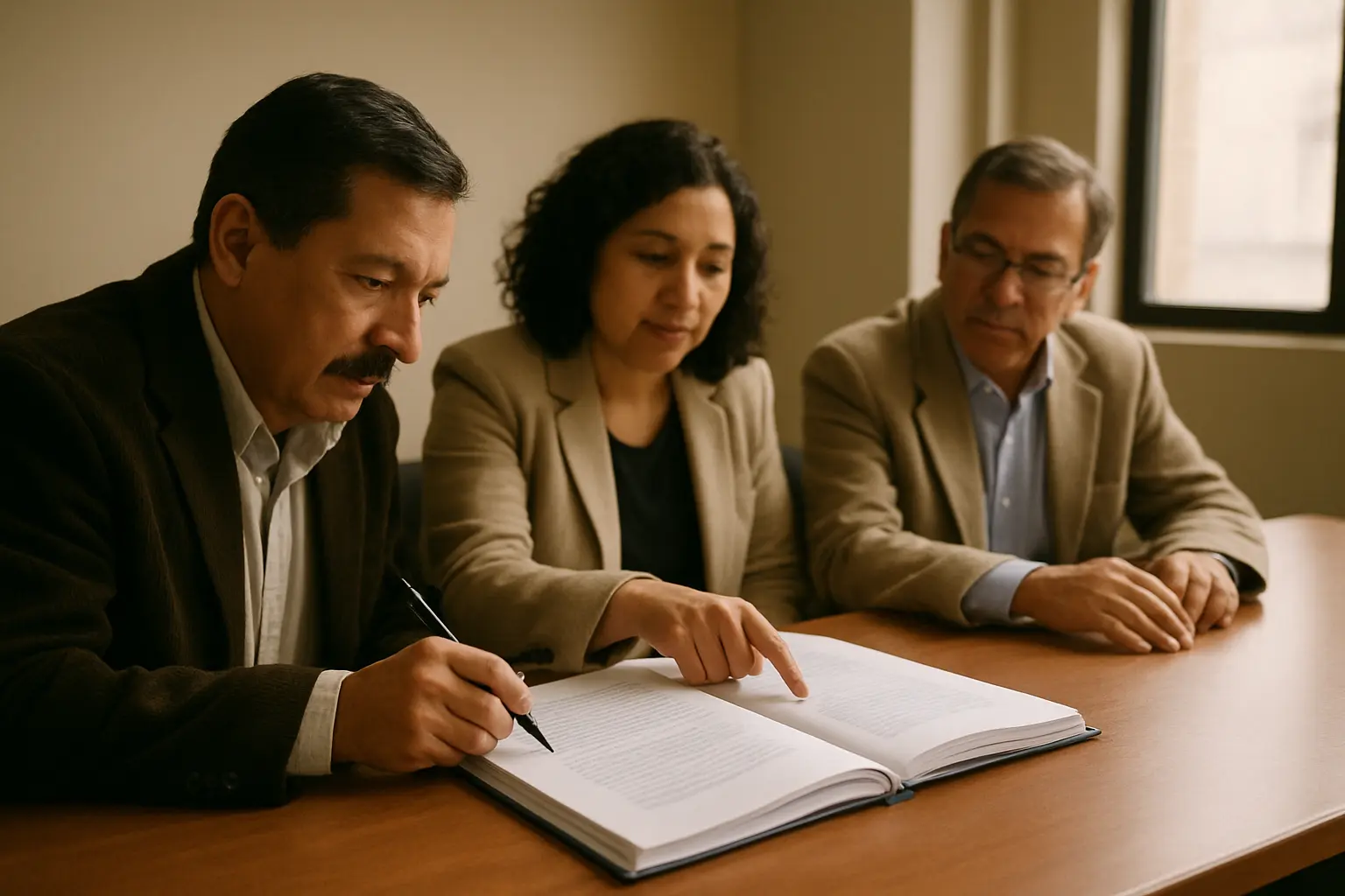 Tres sinodales revisando un documento impreso durante la revisión de una tesis