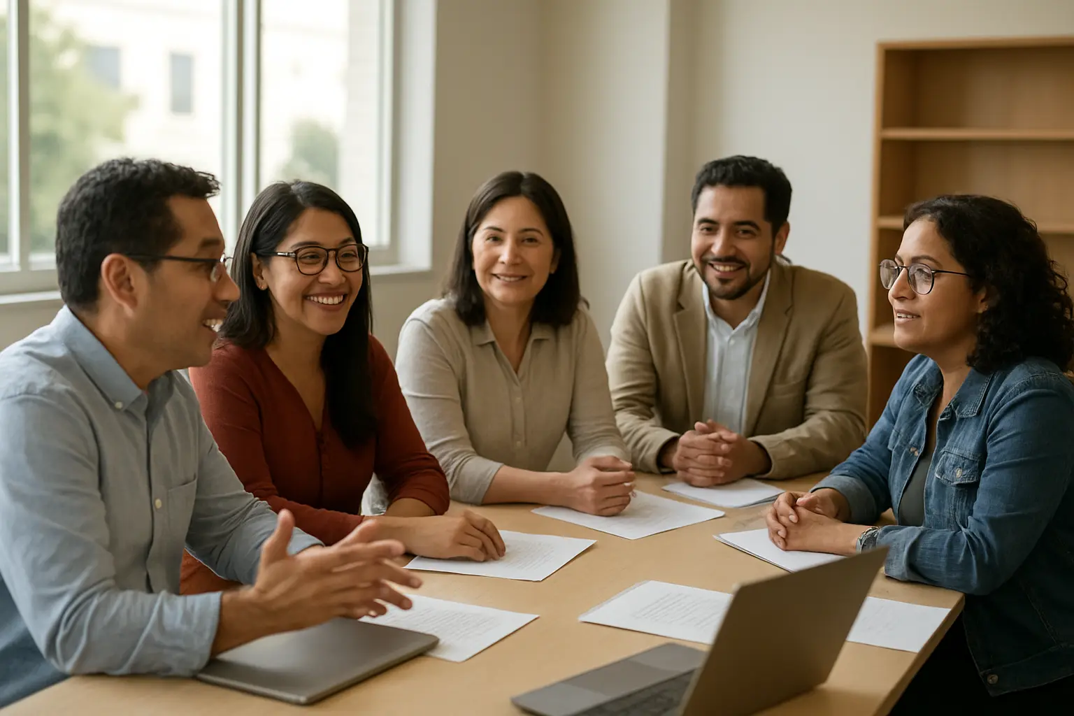 Grupo diverso de profesores universitarios reunidos en una sala de trabajo