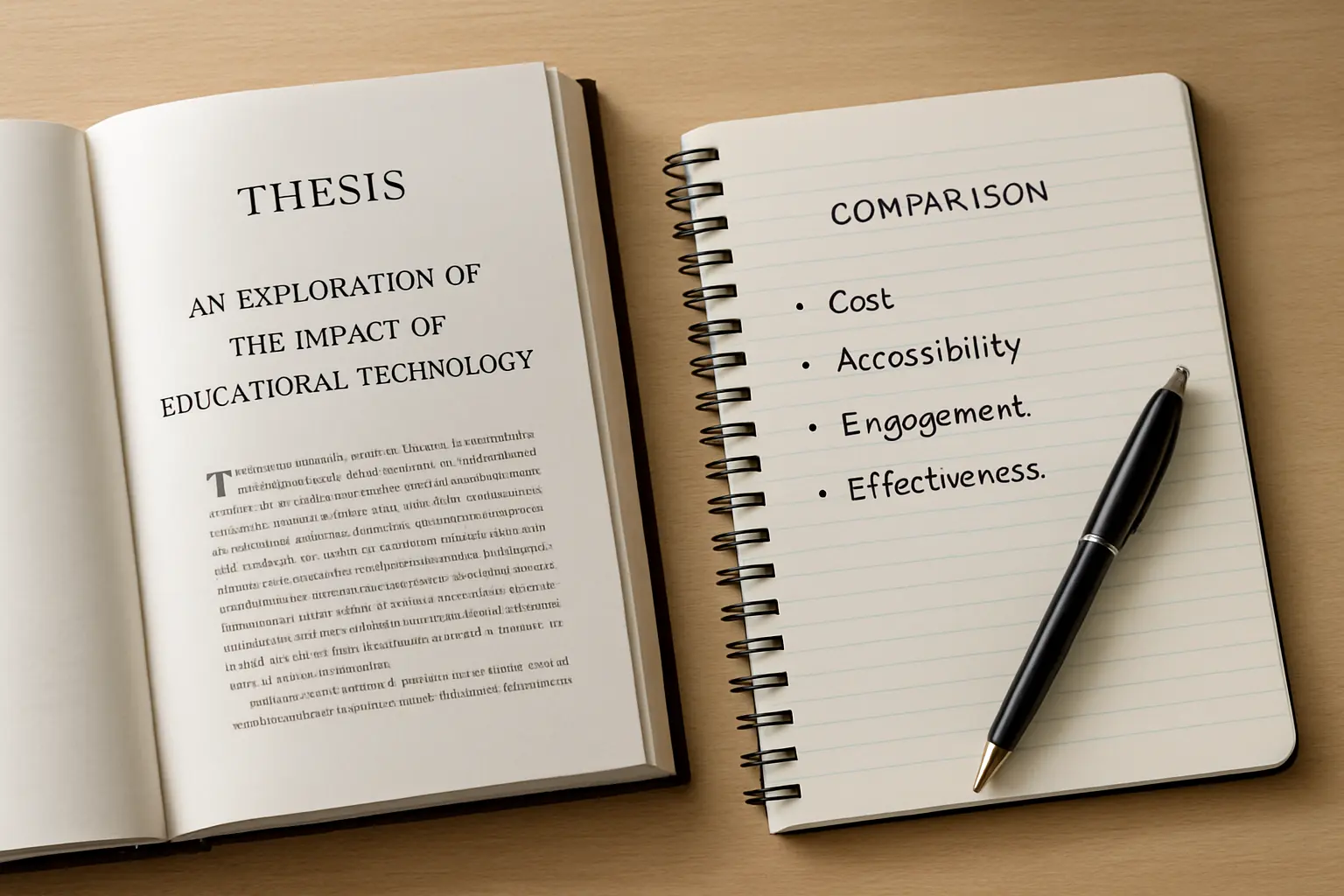 Tesis impresa abierta junto a una libreta con anotaciones comparativas sobre estructura y extensión