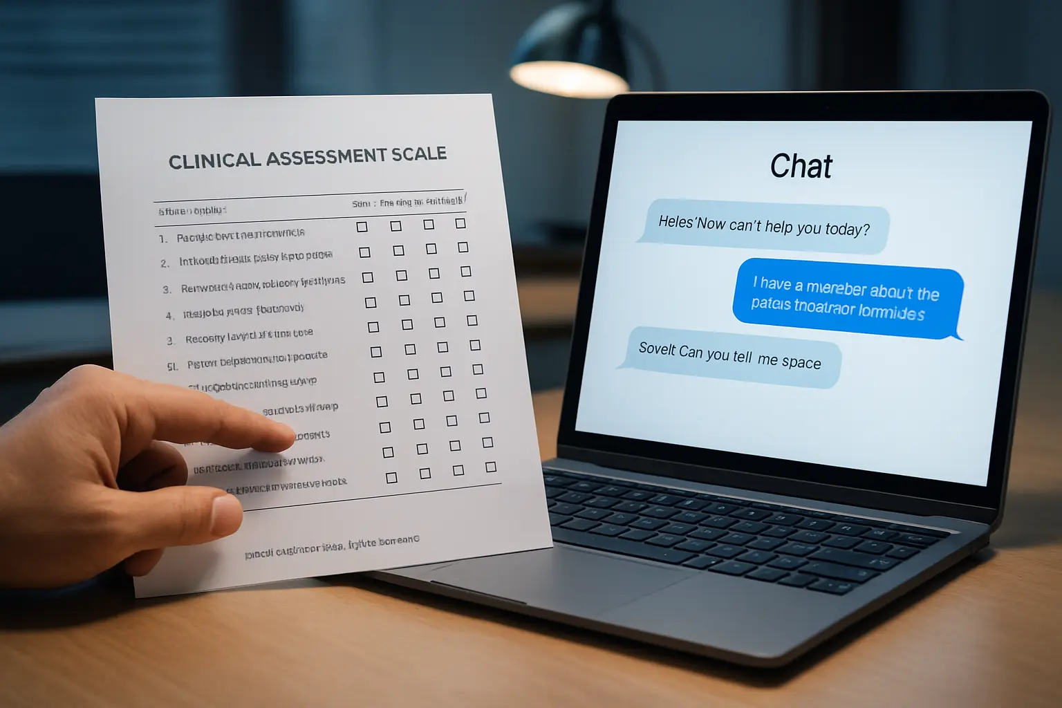 Escala clínica validada impresa junto a una laptop con una interfaz de chat de inteligencia artificial