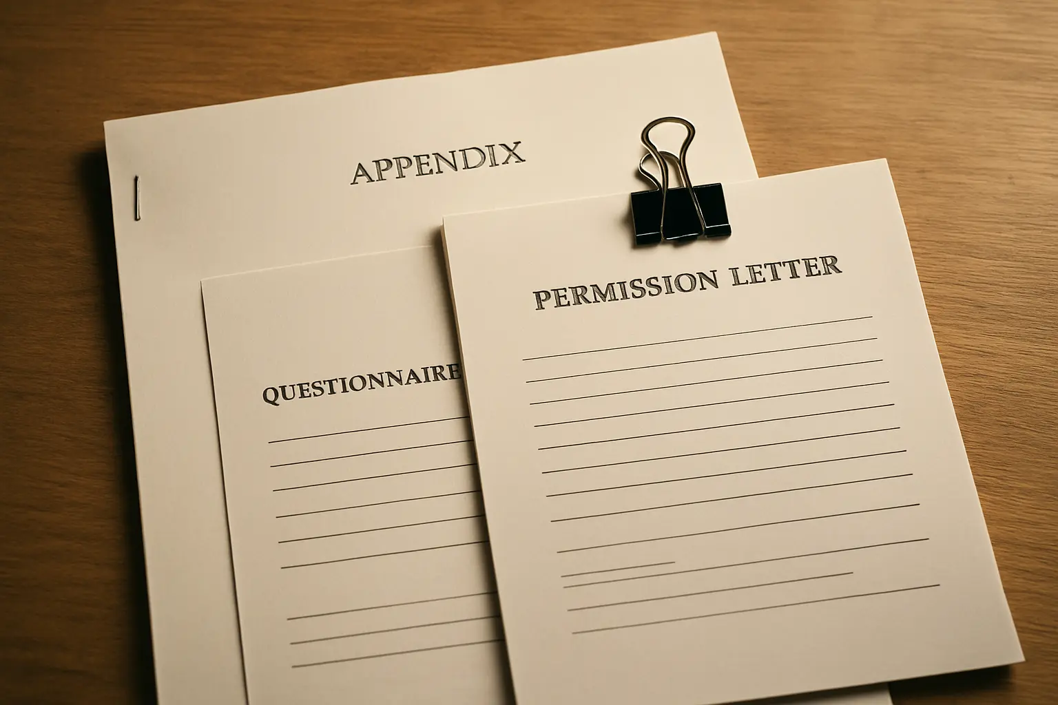 Anexo impreso de una tesis con un cuestionario engrapado y una carta de autorización sujeta con clip