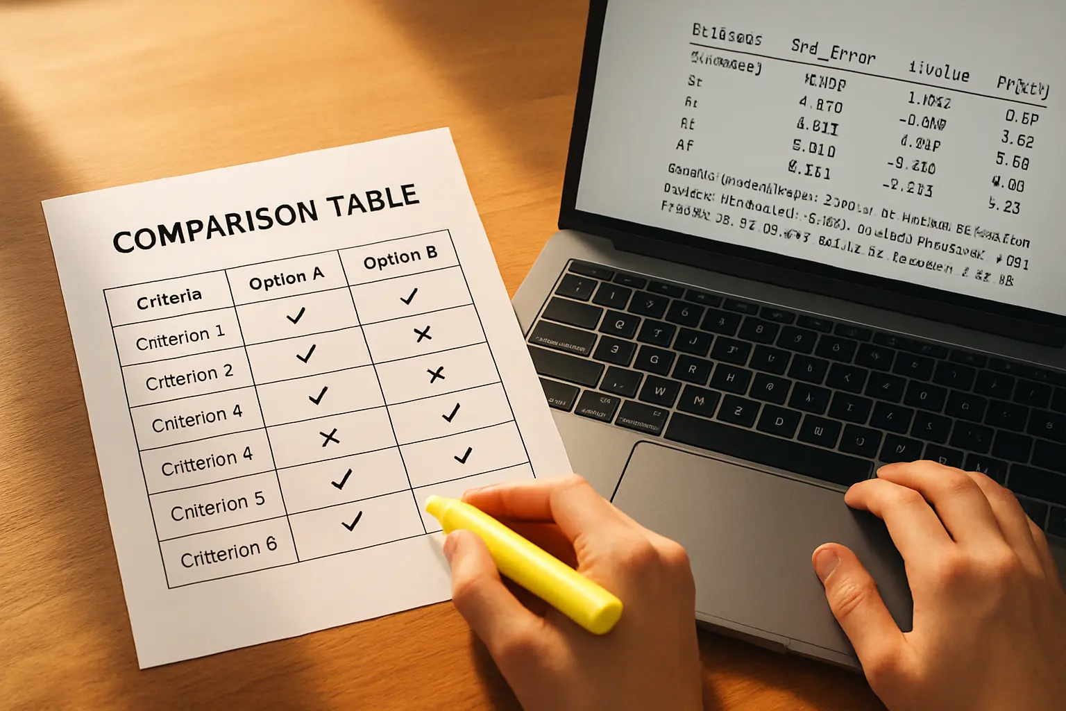 Tabla comparativa impresa con tres opciones y sus criterios, junto a una laptop con la salida estadística