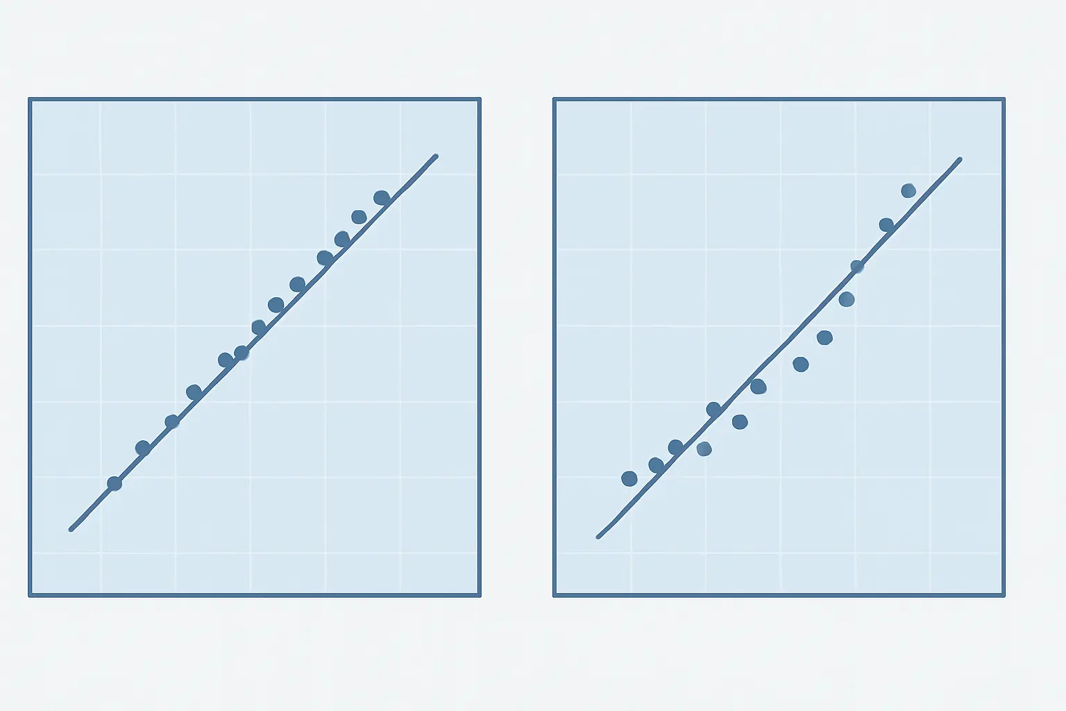 Gráfico Q-Q con puntos alineados sobre la diagonal frente a otro con puntos que se curvan