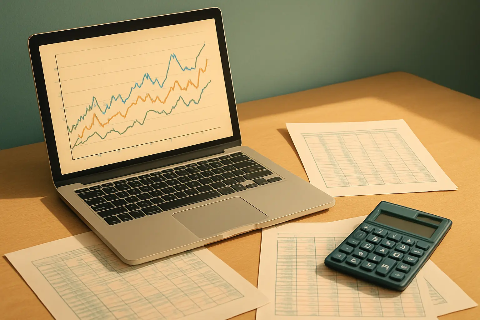 Escritorio de estudiante de Economía con una gráfica de serie de tiempo en la pantalla y tablas impresas