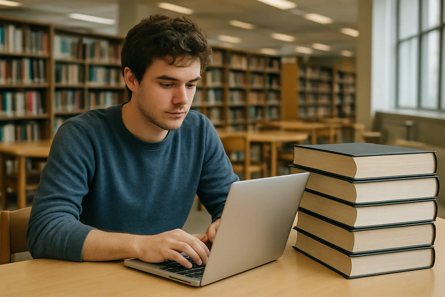 Estudiante buscando tesis en un repositorio digital desde una laptop, junto a ejemplares empastados