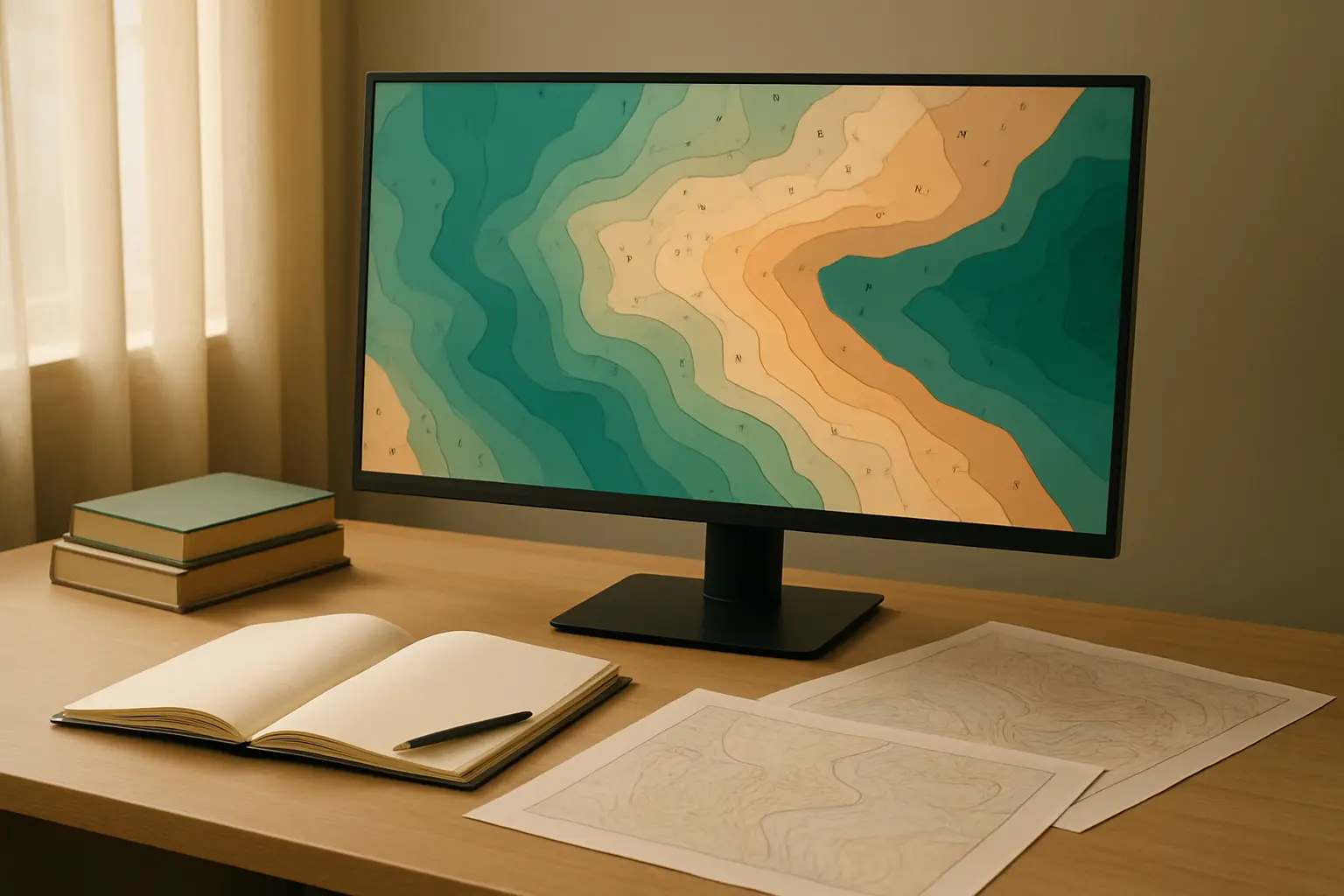 Estación de trabajo de un estudiante con un mapa de capas y puntos en el monitor junto a cartas impresas