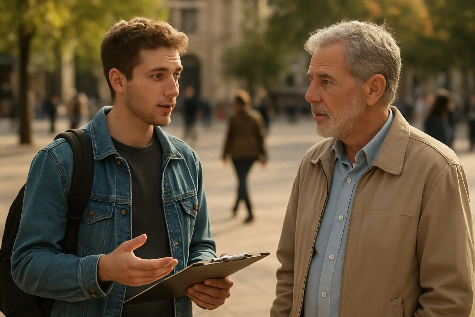 Estudiante aplicando un cuestionario a una persona en una plaza pública