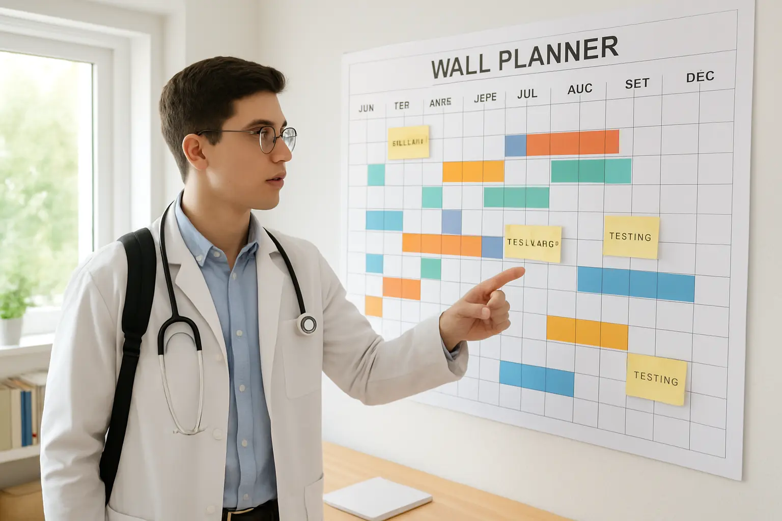Planificador de pared con las fases de una tesis de medicina distribuidas a lo largo de doce meses