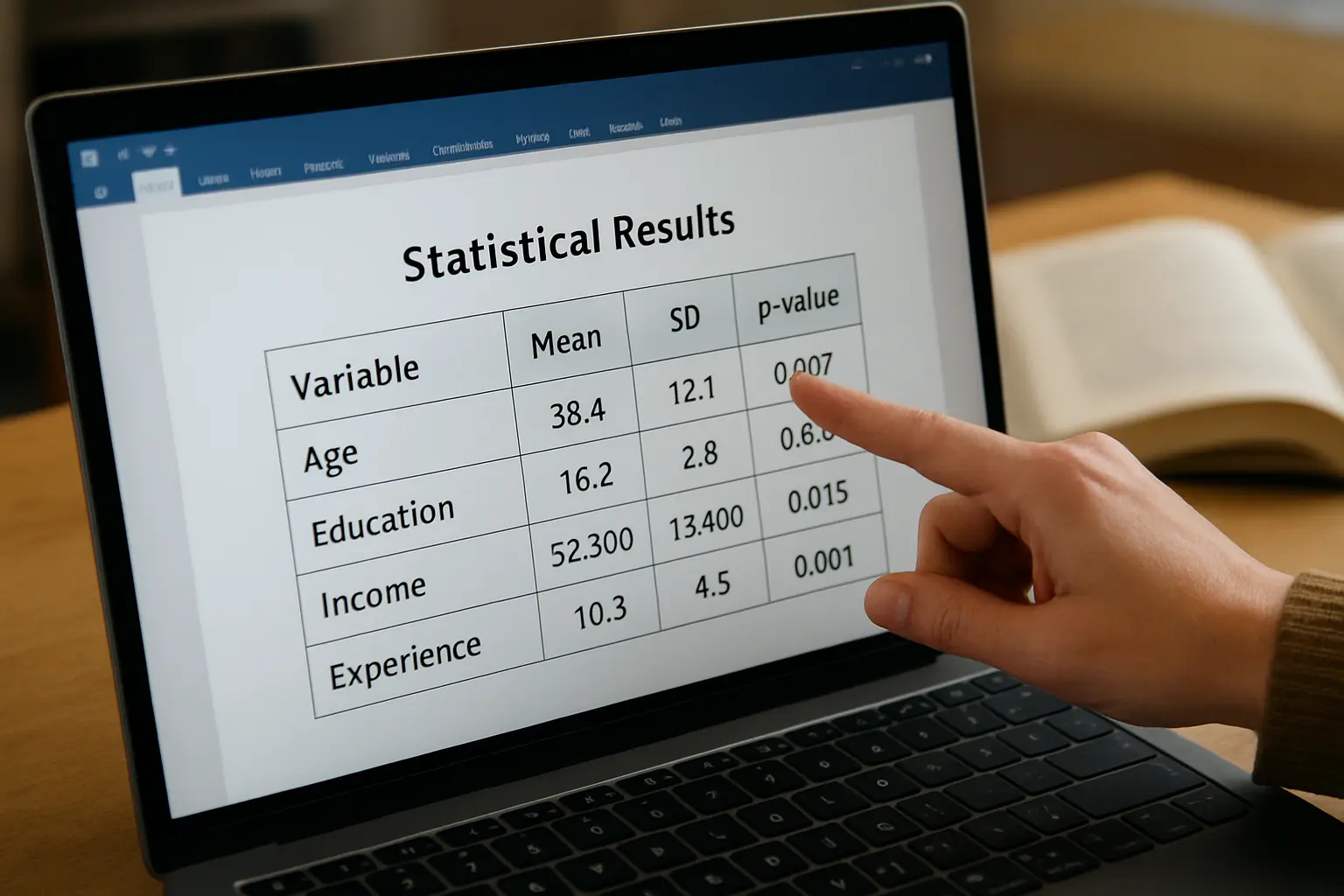 Tabla de resultados estadísticos con valores decimales en un documento de tesis