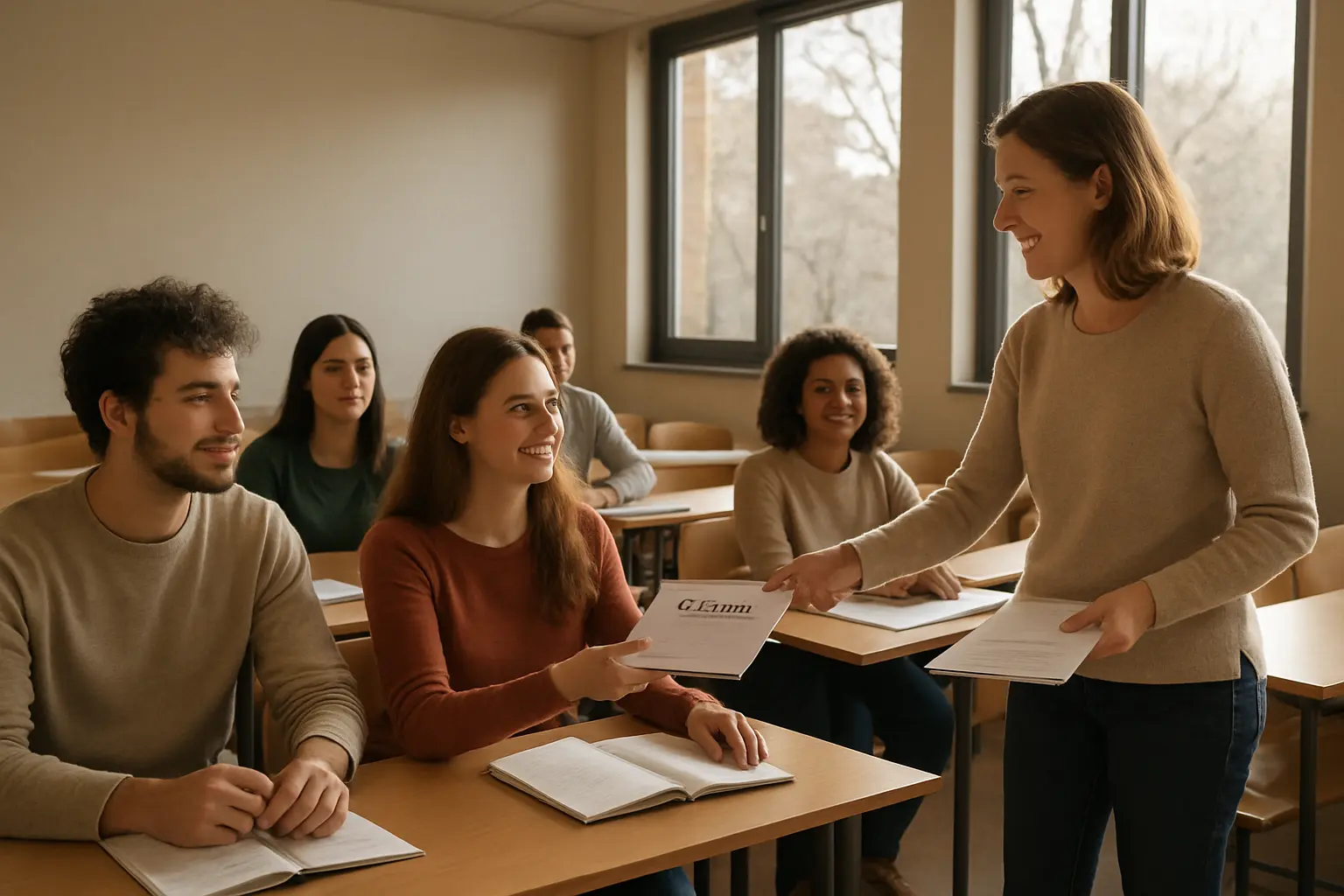 Docente entregando cuadernillos impresos a estudiantes en un aula universitaria