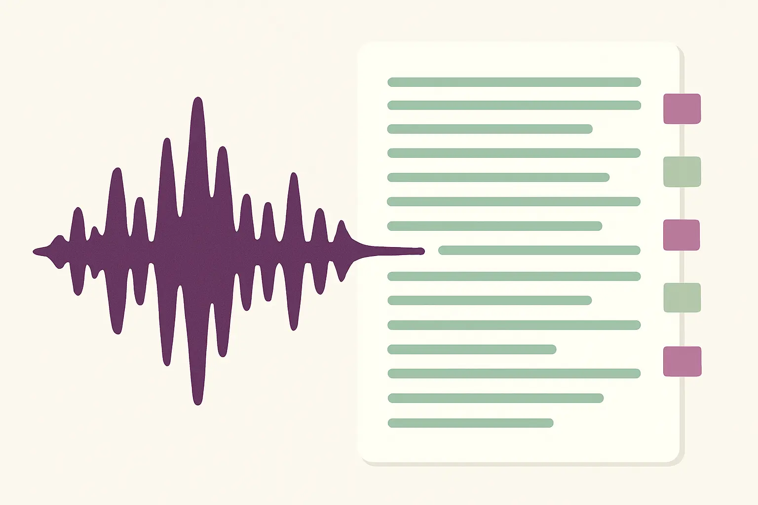 Onda de audio que se convierte en una transcripción con etiquetas de color al margen