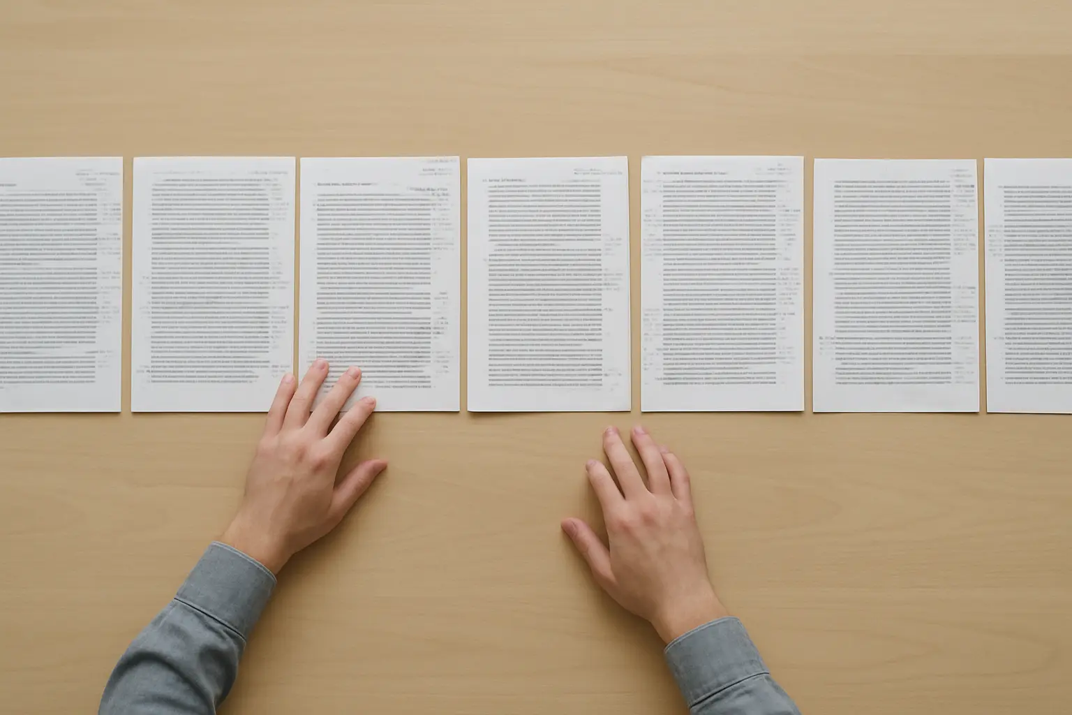 Manos ordenando lecturas fotocopiadas con anotaciones al margen para integrar una antología comentada