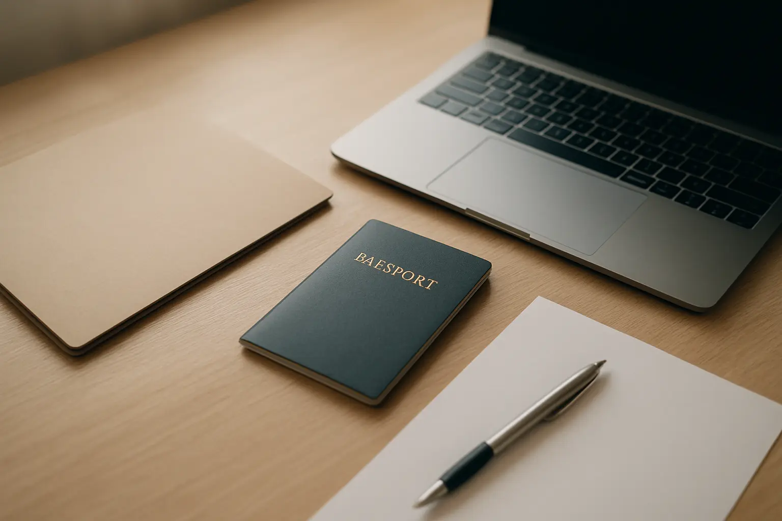 Escritorio con una carpeta de solicitud, un pasaporte y una laptop abierta