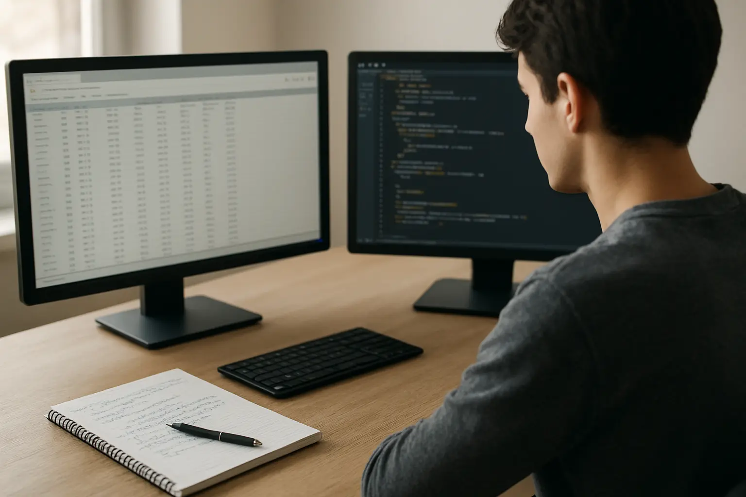 Estudiante consultando una tabla de datos estadísticos en una pantalla y datos estructurados en otra