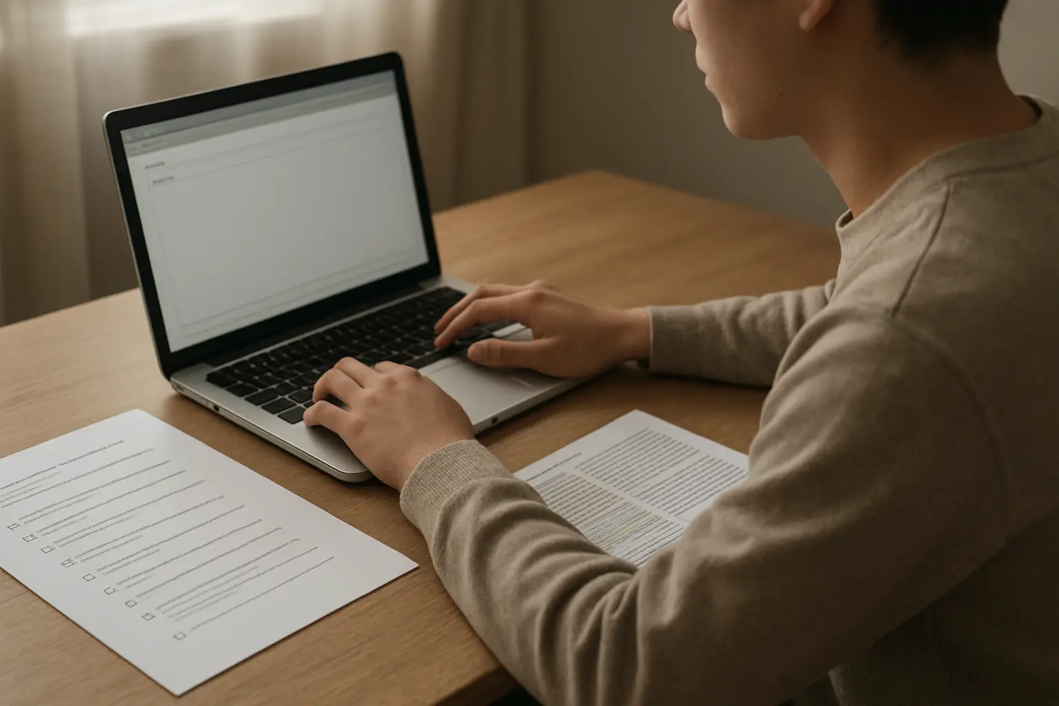 Estudiante redactando un correo en una laptop junto a un cuestionario impreso y un artículo científico subrayado